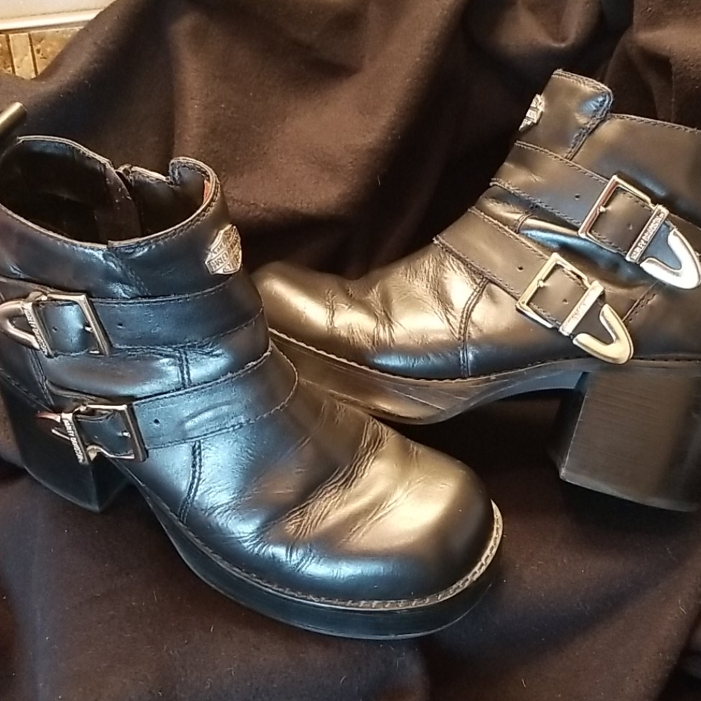 Black Leather Harley Davidson Chunky Boots